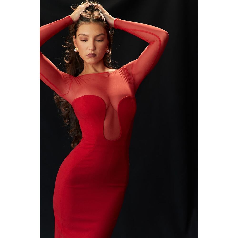 House of CB Darcy Scarlet Plunge Midi Dress - Size S